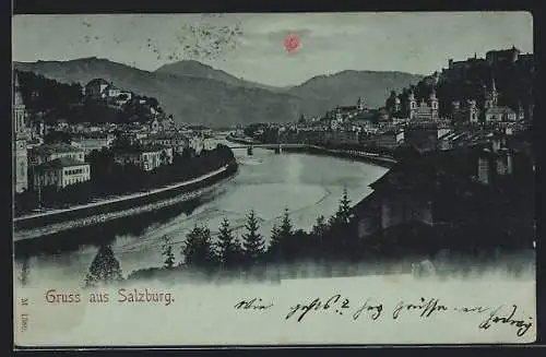 Mondschein-AK Salzburg, Ortsansicht am Fluss bei Nacht