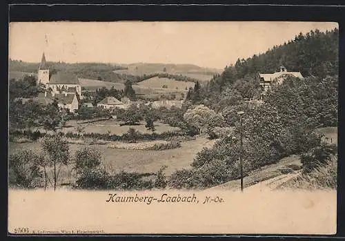 AK Kaumberg-Laabach, Teilansicht mit Kirche im Sonnenschein