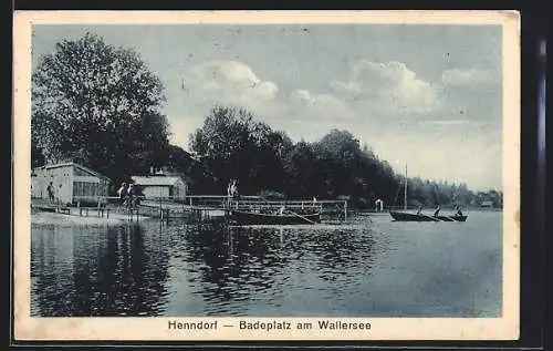 AK Henndorf bei Salzburg, Badeplatz am Wallersee mit Ruderern