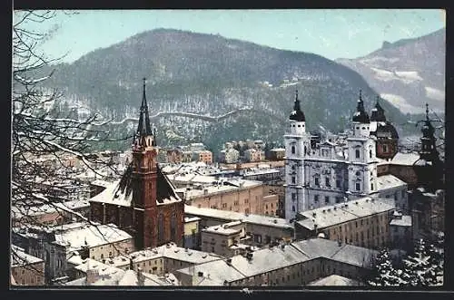 AK Salzburg, Teilansicht im Winter aus der Vogelschau
