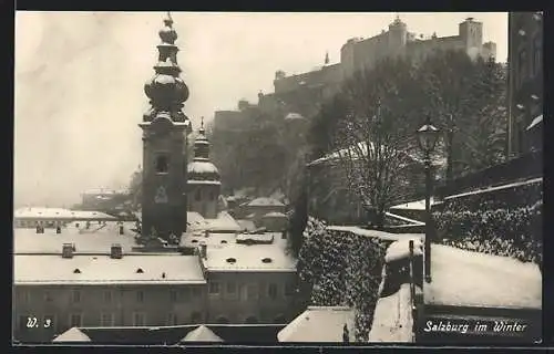 AK Salzburg, Teilansicht mit Festung im Winter