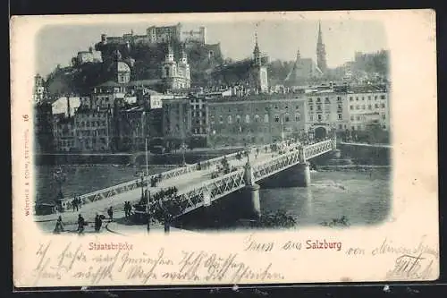 AK Salzburg, Staatsbrücke mit Stadtblick, Festung