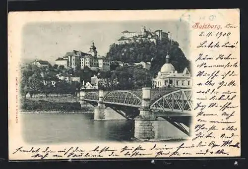 AK Salzburg, Carolinenbrücke mit Blick auf die Festung