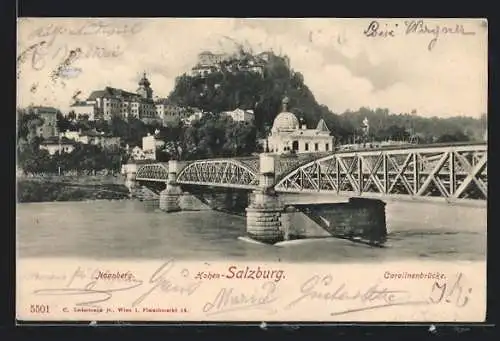 AK Salzburg, Nonnberg, Hohen-Salzburg und Carolinenbrücke