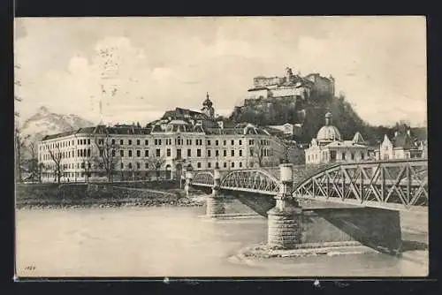 AK Salzburg, Carolinenbrücke mit Blick auf die Festung