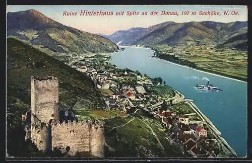 AK Spitz /Donau, Ruine Hinterhaus mit Spitz und Donau, von oben gesehen