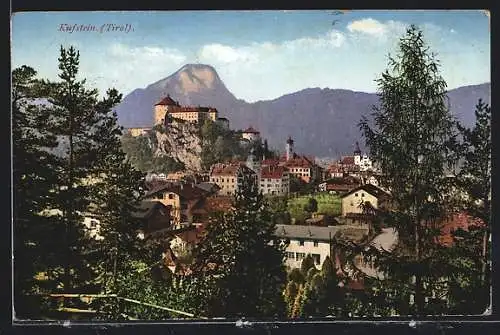 AK Kufstein, Ortsansicht mit Berggipfel