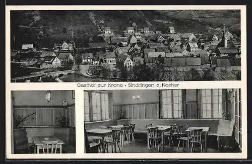 AK Sindringen, Gasthof zur Krone, Innenansicht und Ortsansicht