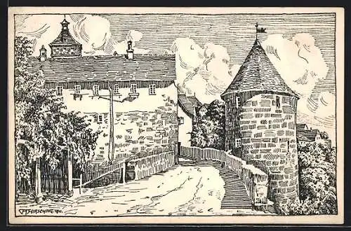 Künstler-AK Waldenburg / Württ., Strassenpartie an der Burg