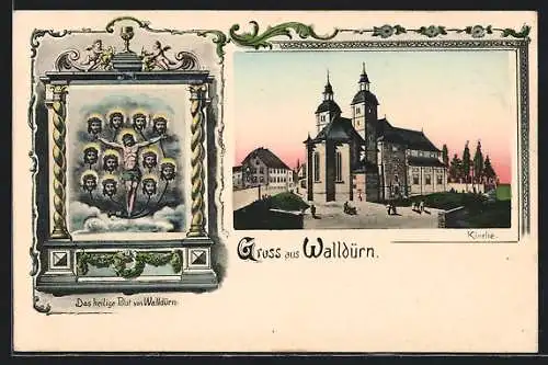 AK Walldürn, Kirche und Bild Das heilige Blut von Walldürn, Jugendstilrahmen