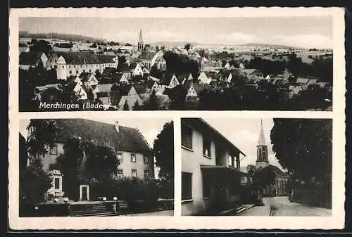 AK Merchingen /Baden, Ortsansicht, Ehrenmal, Kirche und Gemischtwaren Erich Paulisch