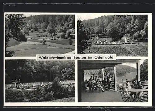 AK Buchen im Odenwald, Blick auf das Waldschwimmbad, das Freibad, auf der Terrasse, der Sprungturm
