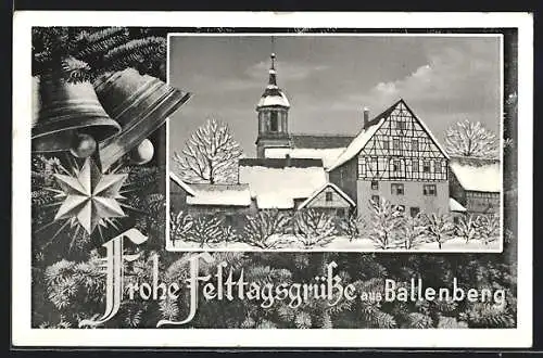 AK Ballenberg /Buchen, Teilansicht mit Kirche im Winter, Tannenzweige mit Glöckchen und Stern