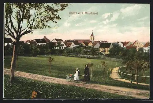 AK Mainhardt, Frau mit Kind und Karren auf Feldweg