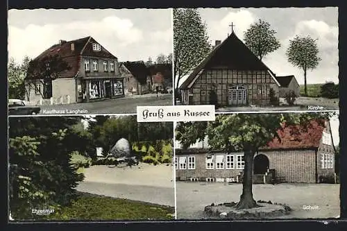 AK Russee, Kaufhaus Langhein, Ehrenmal, Schule