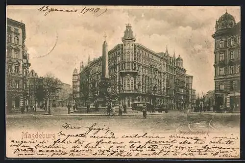 AK Magdeburg, Haselbachplatz mit Denkmal und Strassenbahn