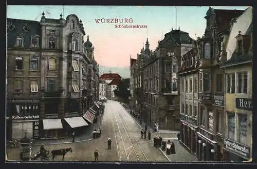 AK Würzburg, Schönbornstrasse mit Geschäften