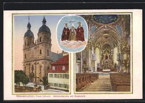 AK Gössweinstein / Fränk. Schweiz, Innen- und Aussenansicht der Wallfahrtskirche mit Gnadenbild