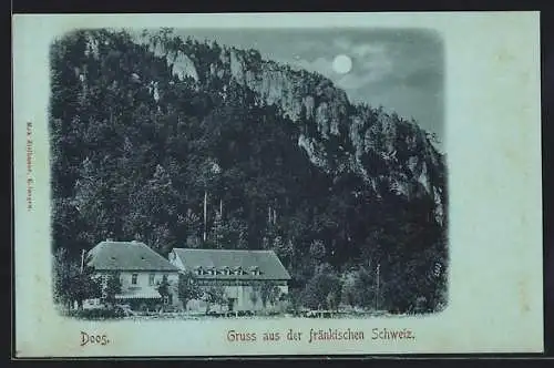 Mondschein-AK Doos /Fränk. Schweiz, Gebäude vor Felswand