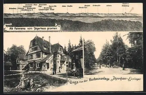 AK Esslingen / Neckar, Kurhausanlage Jägerhof-, Panorama, Waldschenke Zu den drei Linden, Römerstrasse