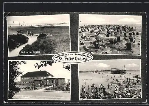 AK St. Peter Ording, Buhne u. Brücke, Rathaus, Strand