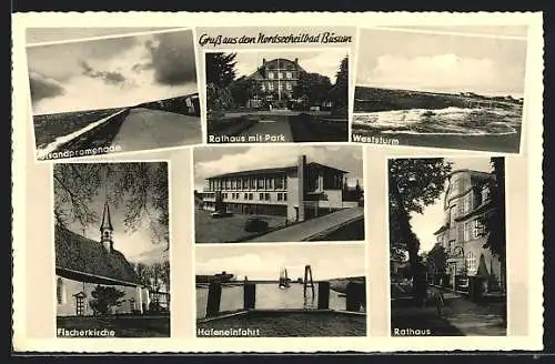 AK Büsum, Hafeneinfahrt, Fischerkirche, Rathaus, Strandpromenade