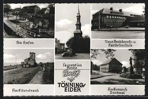 AK Tönning /Eider, Dampfer am Hafen, Neue Kreisberufs- u. Handelsschule, Eiderstrand