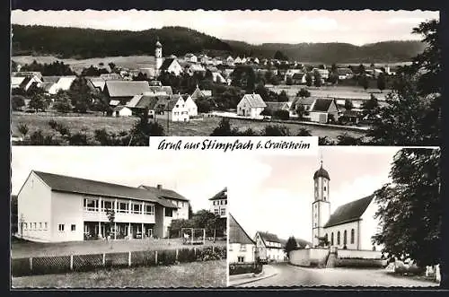 AK Stimpfach b. Crailsheim, Strassenpartie mit Kirche, Wohnhaus mit Spielplatz, Ortsansicht