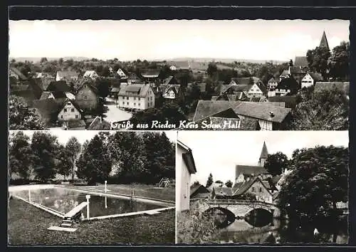 AK Rieden / Schwäb. Hall, Ortspartie mit Brücke, Schwimmbecken, Ortsansicht