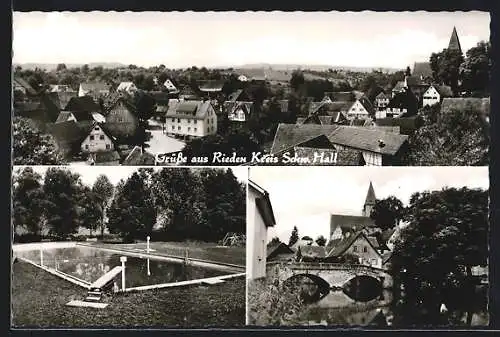 AK Rieden / Schwäb. Hall, Schwimmbecken, Ortspartie mit Brücke