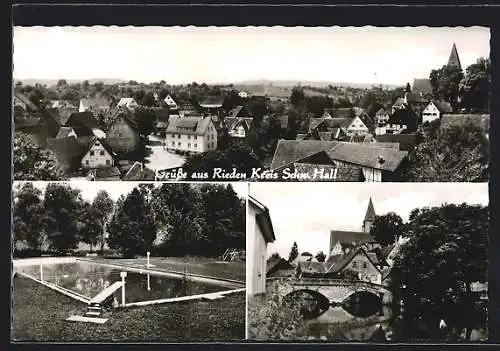 AK Rieden / Schwäb. Hall, Ortsansicht mit Schwimmbecken, Brückenpartie