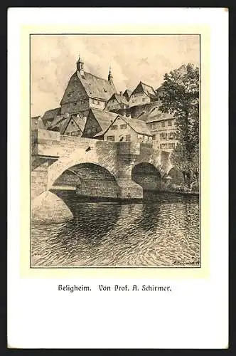 Lithographie Besigheim, Idylle an der Brücke