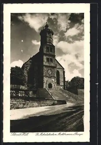 AK Schwäb. Hall, St. Michaeliskirche mit Marktbrunnen u. Pranger