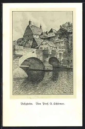 Lithographie Besigheim, Idylle an der Brücke