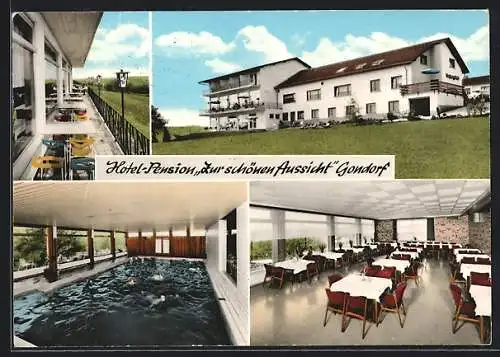 AK Gondorf / Eifel, Hotel-Pension Zur schönen Aussicht, Terrasse, Speisesaal, Schwimmbecken