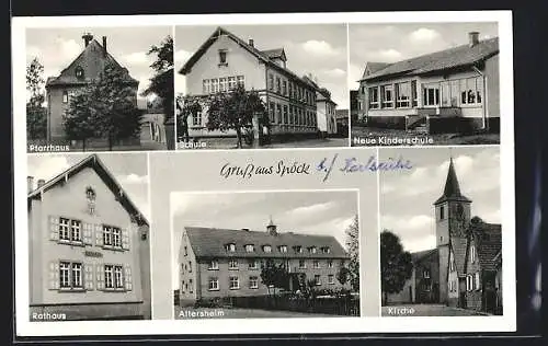 AK Spöck / Stutensee, Rathaus, Altersheim, Neue Kinderschule