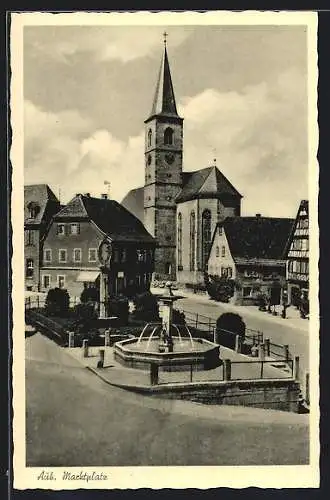 AK Aub / Unterfranken, Marktplatz mit Kirche