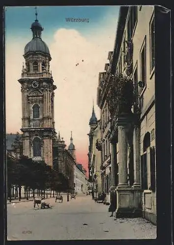 AK Würzburg, Blick in die Neubaustrasse auf Neubaukirche