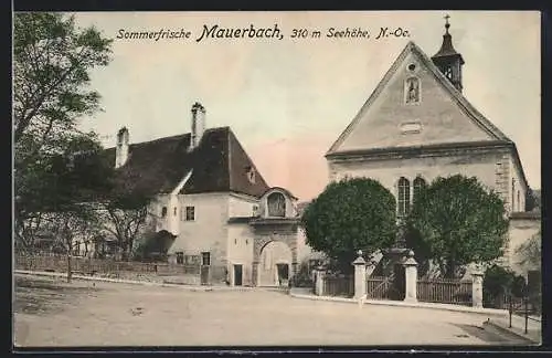 AK Mauerbach, Strassenpartie mit Kirche und Tor
