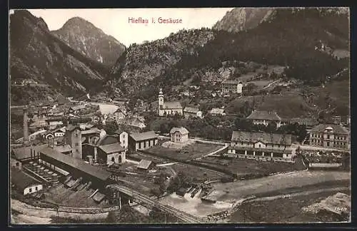 AK Hieflau i. Gesäuse, Ortsansicht mit Kirche gegen die Berge