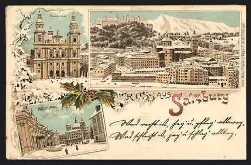 Lithographie Salzburg, Makartplatz im Winter, Domkirche, Panorama mit Hohensalzburg