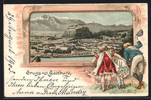 Lithographie Salzburg, Kinder blicken durch ein Fenster auf die Stadt