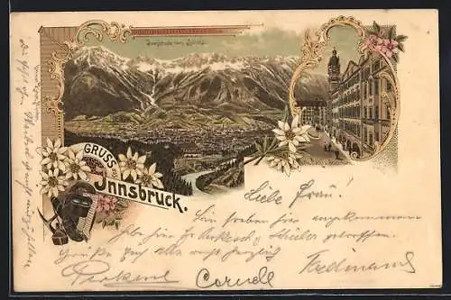 Lithographie Innsbruck, Goldenes Dachl und Stadtthurm, Panorama vom Sillthal