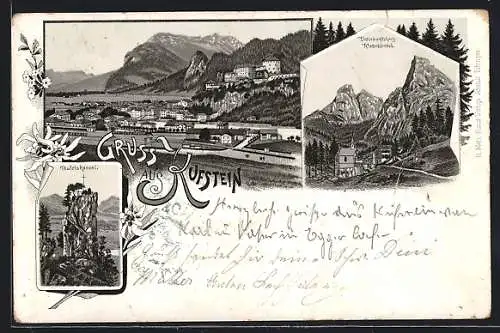 Lithographie Kufstein, Unterkunftshaus Hinterbärnbad, Teufelskanzel, Panorama mit Bahnhof und Festung