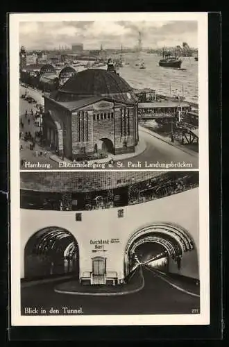 AK Hamburg-St. Pauli, Elbtunnel - Eingang mit Blick auf Landungsbrücken, Blick in den Tunnel