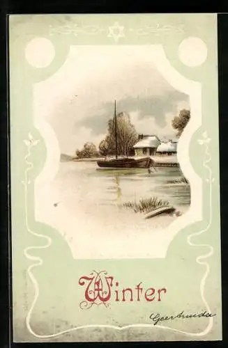 Präge-AK Winter, Uferpartie mit Boot, Allegorie