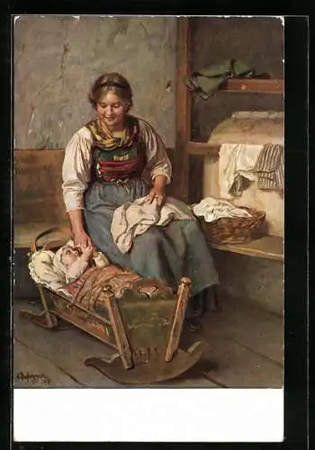Künstler-AK Junge Mutter mit ihrem Baby