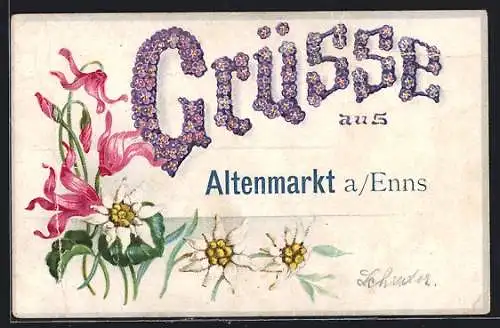 AK Kramsach, Blumengrüsse, Buchstaben aus Blüten, Edelweiss, Veilchen, Vergissmeinnicht