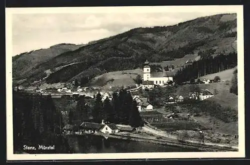 AK Stanz im Mürztal, Partie am Ufer der Mürz mit der Pfarrkirche hl. Katharina