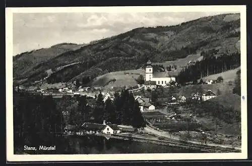 AK Stanz im Mürztal, Partie am Ufer der Mürz mit der Pfarrkirche hl. Katharina